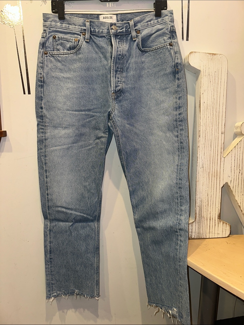 Agolde Riley High Rise Slim Straight Jeans with Frayed Hem 100% Cotton
